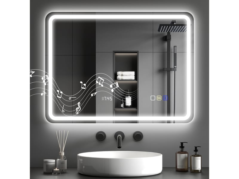  Miroir salle de bain bluetooth avec éclairage led 60 x 80 cm, miroir lumineux mural avec horloge, antibuée, argenté  - Conforama C