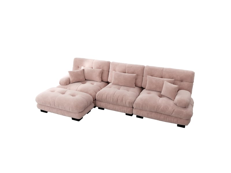  Canapé d’angle modulable 313x145x81 cm, assise épaisse et moelleuse, avec ottomane, revêtement chenille rose  - Conforama A