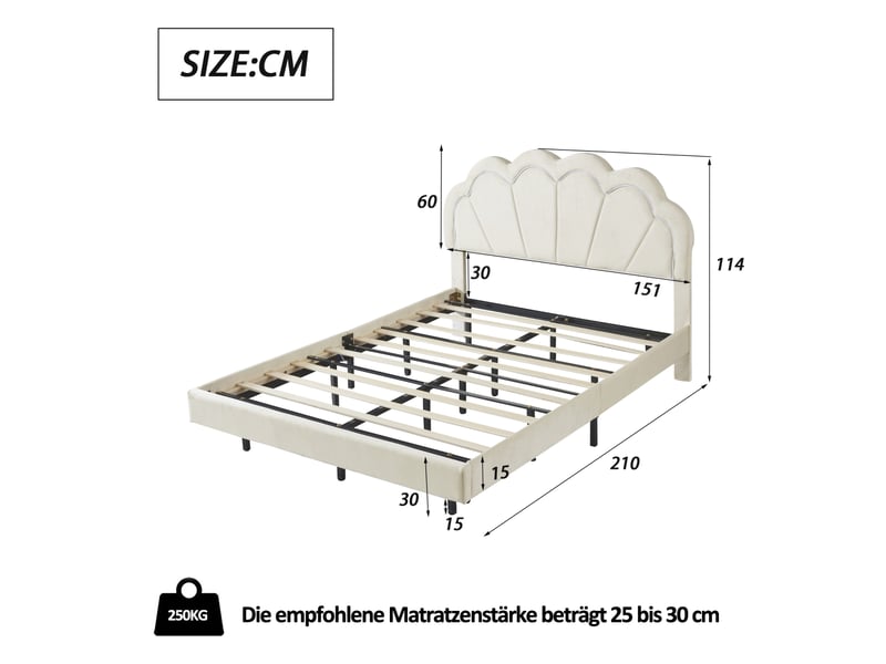  Lit double 140x200 cm, lit enfant avec tête de led réglable et sommier à lattes, lit flottant design forme couronne pour adolescents, velours, beige  - Conforama E