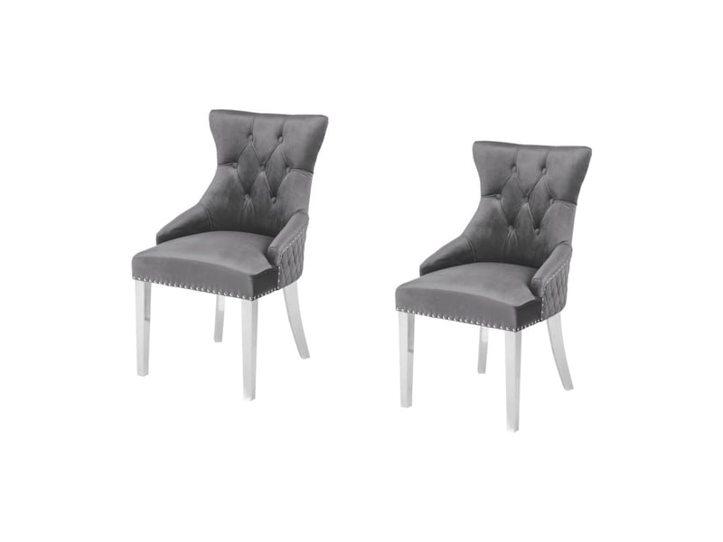  Lot de 2 chaises chesterfield regina grises en velours matelassé – tête de lion argentée, clous décoratifs et pieds en acier  - Conforama A
