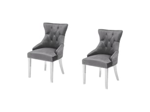 Lot de 2 chaises chesterfield regina grises en velours matelassé – tête de lion argentée, clous décoratifs et pieds en acier