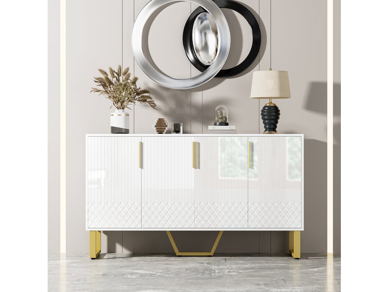  Buffet blanc brillant 4 portes en mdf 140 x 40 x 80 cm  - Conforama C