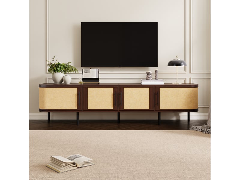 Meuble tv 180 cm en mdf bois foncé, 4 portes tressées et pieds en métal noir, rangement pour le salon - Conforama B