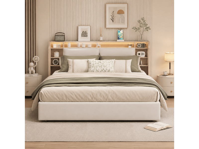 Lit coffre 160x200 cm, led lit double avec sommier hydraulique, tête de lit avec espace de rangement dissimulé, cadre lits pour adulte et adolescent, blanc pu lit capitonné - Conforama C