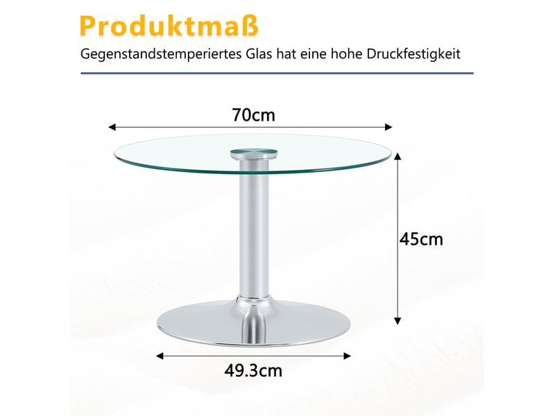  Table basse ronde avec plateau en verre trempé, pied central et base stable, pour salon, en métal argenté  - Conforama E