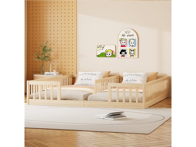  Lit enfant 90x200 avec barrières de sécurité et sommier à lattes, design minimaliste pour chambre enfant, bois de pin massif, sans matelas, naturel BUYDEEMEUS - Conforama E