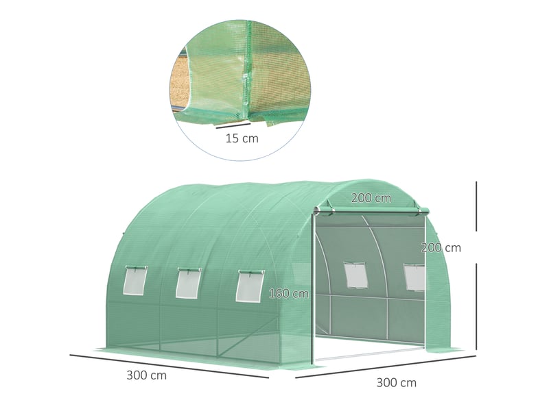  Serre de jardin 9 m² serre tunnel de jardin 3 x 3 x 2 m avec porte enroulable et 6 fenêtres en maille en acier pe vert  - Conforama E