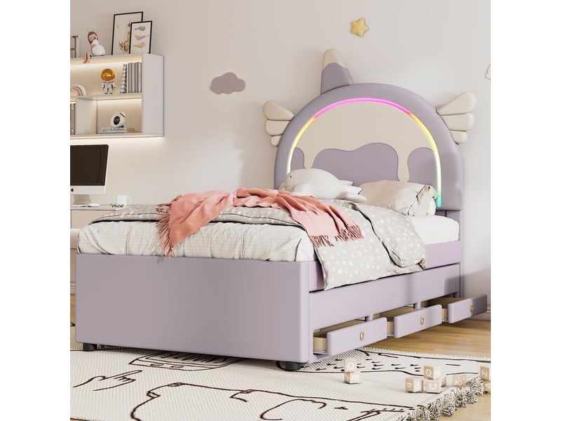  Lit enfant 90 × 200 cm 1 place avec lit gigogne et tiroir, sans matelas, en pu et mdf, violet  - Conforama E