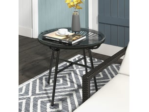 Table d’appoint de jardin ronde 50 x 50 x 50 cm noire en résine tressée et verre trempé, style bohème extérieur