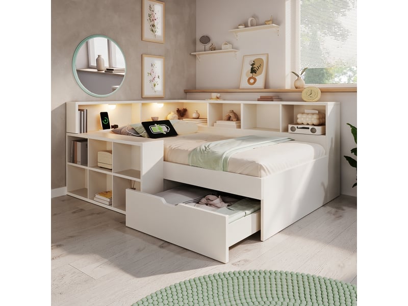  Lit avec rangement 140x190 cm, lit double compact avec 1 tiroir, étagères ouvertes, 2 liseuses, 3 usb et 1 usb-c, blanc OPULERANE TRADING LTD - Conforama E