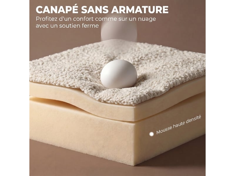 Canapé 3 places incurvé en chenille 188 cm, canapé salon avec assise profonde, 6 coussins, rembourrage épais, crème - Conforama E
