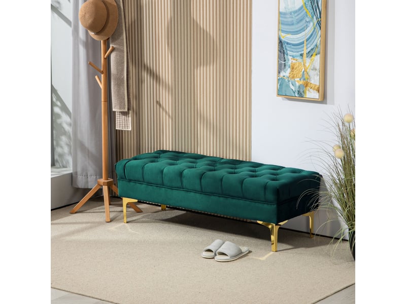  Banc de lit rembourré avec revêtement en tissu matelassé effet velours, 118 x 45 x 42 cm, vert foncé  - Conforama D