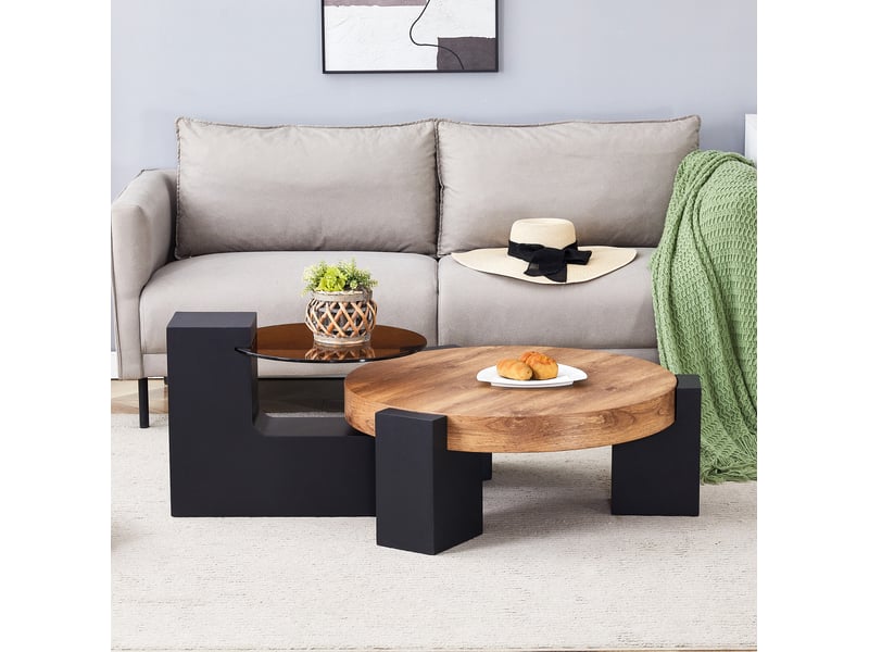  Lot de 2 tables basses rondes en mdf et verre teinté – noir et décor bois – ø61 et ø44 cm  - Conforama B