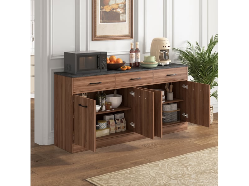 Buffet 160x37x76,5 cm, rangements avec trois tiroirs, finition noyer et béton, mdf, style contemporain, coloris brun - Conforama B