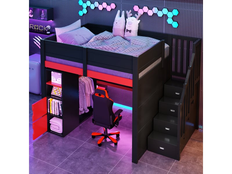 Lit mezzanine 140x200 en bois avec bureau, rangements, led et usb, noir et rouge - Conforama R