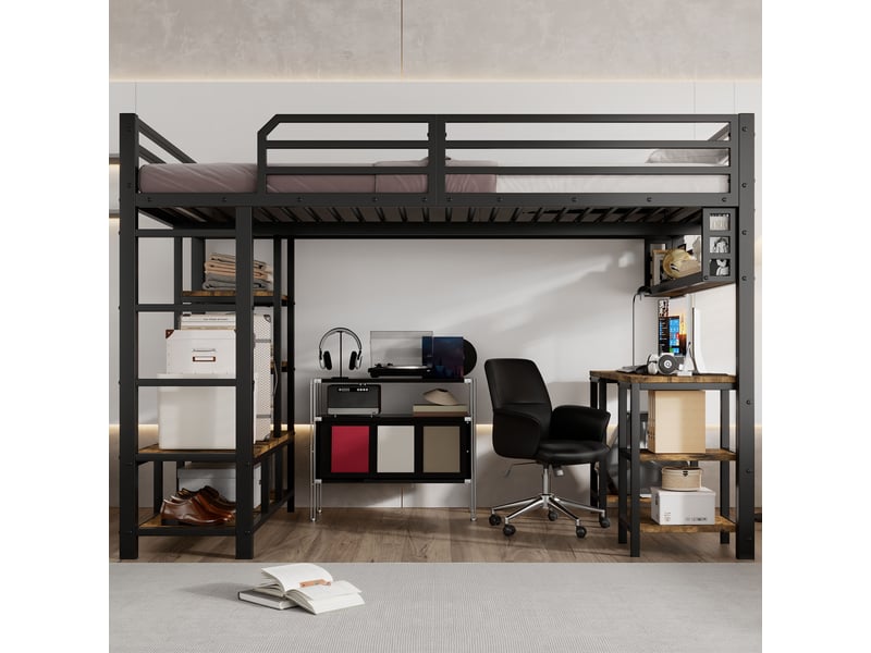  Lit mezzanine enfant 120 x 200 cm avec bureau intégré, étagère de rangement, échelle 4 marches, sommier à lattes, métal noir et effet bois foncé  - Conforama B