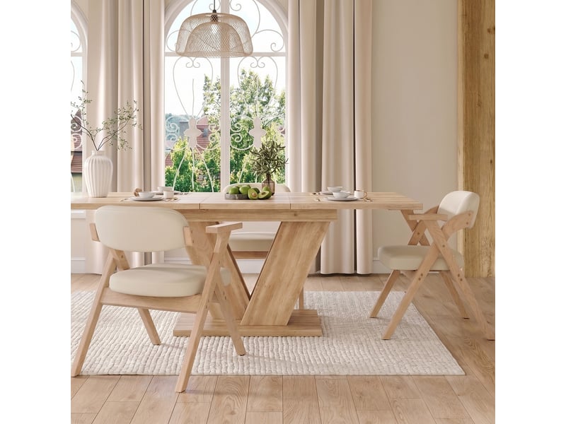  Ensemble table et chaises, table extensible 140/180x80cm chêne, pieds v + 6 chaises pliantes boislin beige  - Conforama D