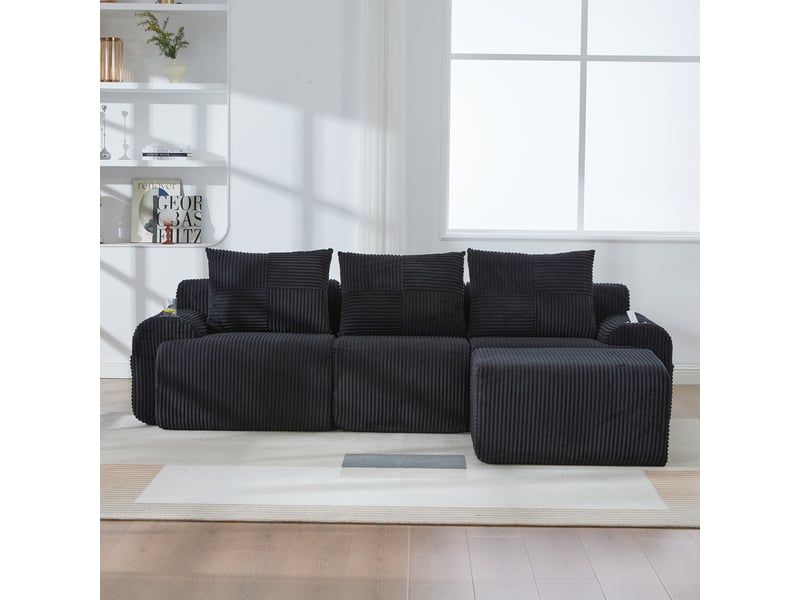  Canapé modulable 3 places 268 x 174 x 80 cm, avec poufs, porte-gobelets, poche de rangement latérale, velours côtelé, noir Bliss Lite - Conforama E