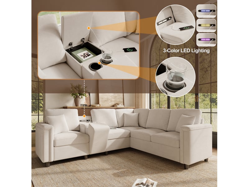  Canapé d'angle modulable 5 places en chenille beige avec console de rangement, porte-gobelets, usb et liseuse  - Conforama D