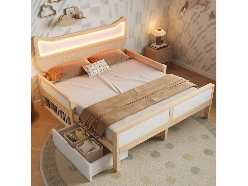 Lit enfant 140x200 cm avec led rgb, barrières et tiroir réversible, blanc et chêne - Conforama B