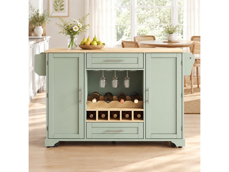  Desserte de cuisine à plateau rabattable - lpospi - 5 roulettes, range-bouteilles mdf vert antique 138 × 4570 × 92 cm  - Conforama B