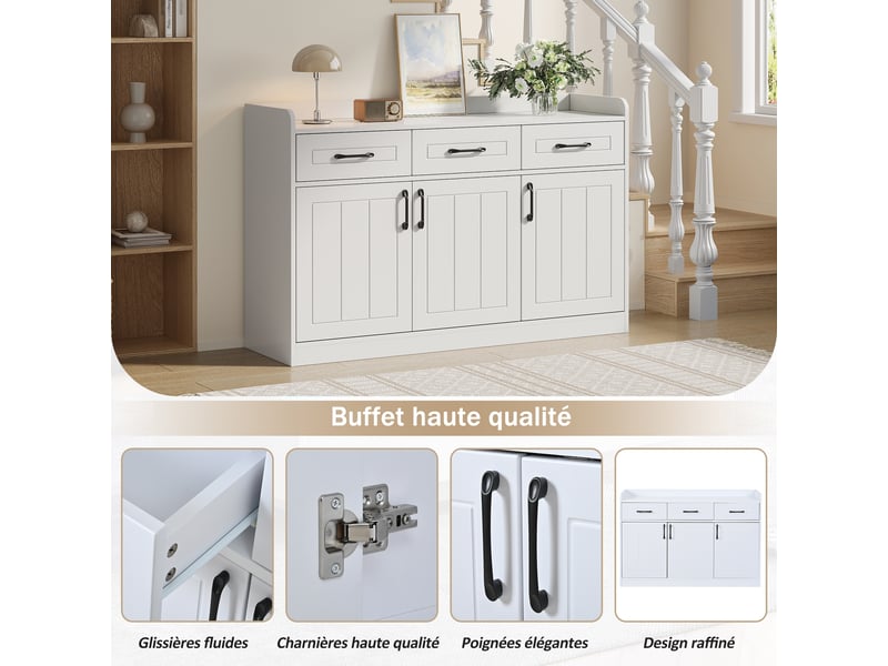  Buffet blanc 120 cm meuble de rangement 3 tiroirs et 3 portes design rayé  - Conforama D