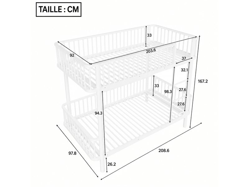  Lit superposé en métal 90 x 200 cm - gain de place, blanc, coins arrondis et barrières  - Conforama C