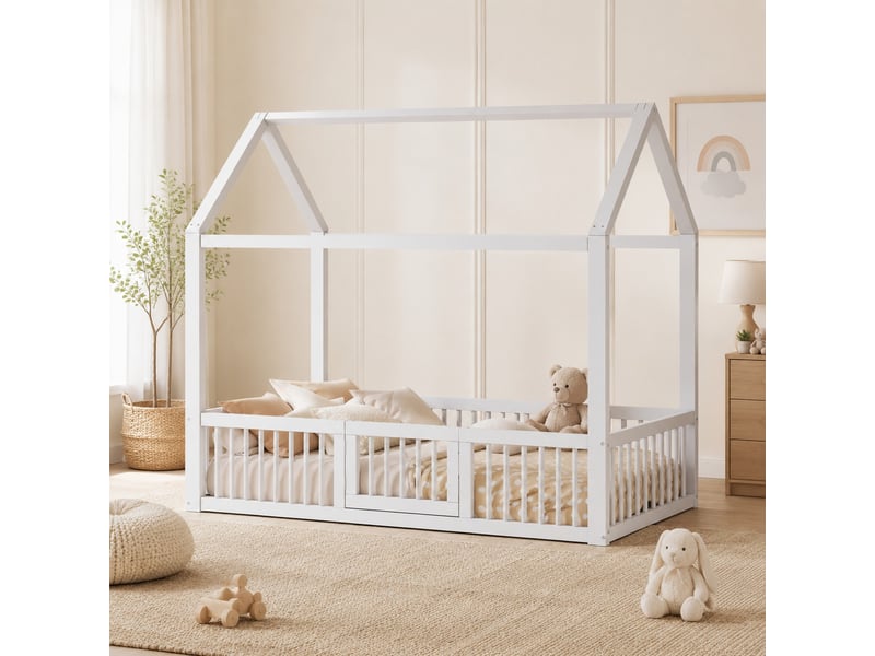  Lit enfant cabane 90x200 cm avec barrières et portillon, en pin et mdf, blanc  - Conforama C