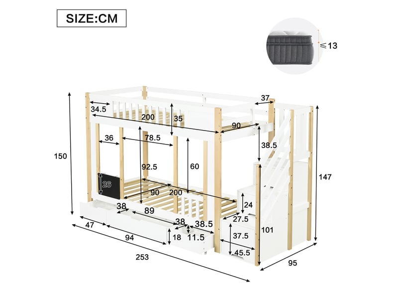  Lit superposé enfant 90x200 cm avec escalier de rangement et 3 tiroirs, blanc et naturel  - Conforama E