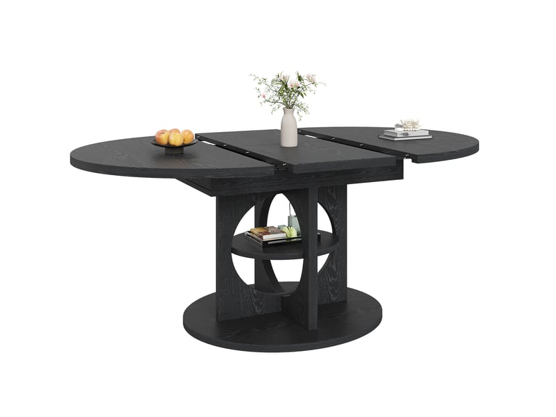  Table de salle à manger extensible avec étagère intégrée, ronde à ovale, pour cuisine et salle à manger, en mdf noir  - Conforama A