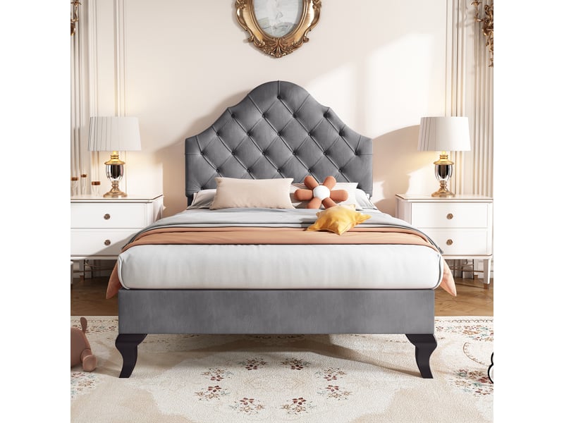  Lit simple 90x200 cm avec sommier et tête réglable, velours, gris, sans matelas  - Conforama B