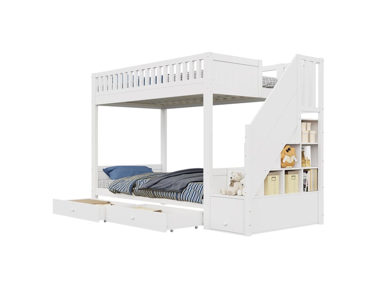  Lit superposé 90 × 200 cm enfant avec escalier de rangement, 2 tiroirs, barrières de sécurité, en bois blanc, chambre  - Conforama A