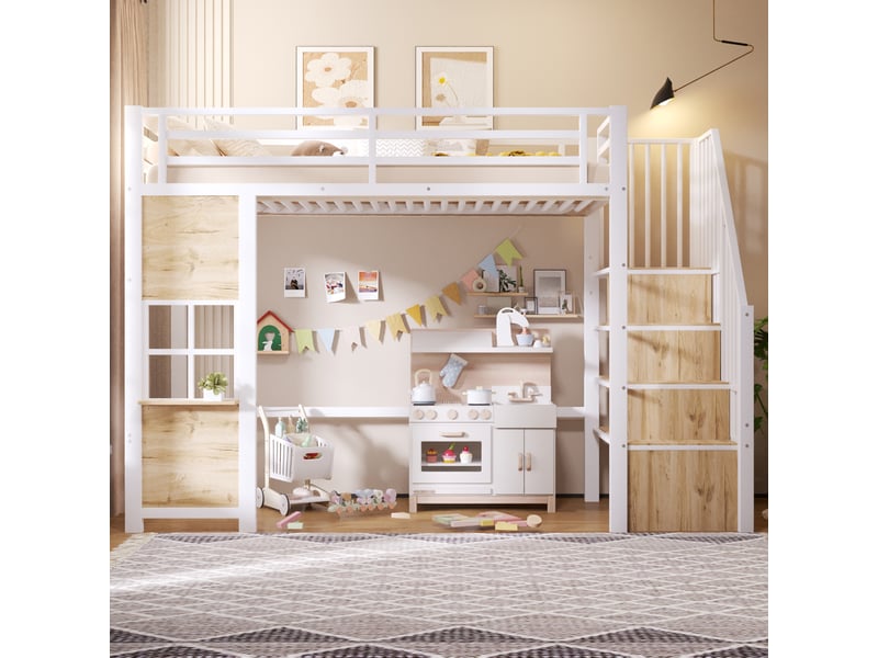  Lit mezzanine 90 × 200 cm avec escalier de rangement, étagères latérales et espace ouvert pour chambre enfant, blanc  - Conforama D