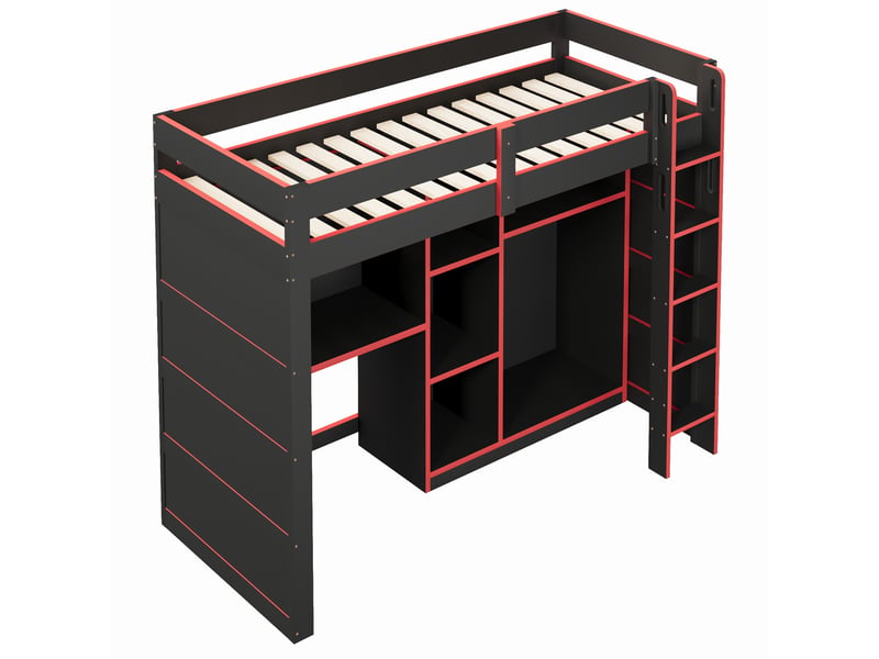  Lit mezzanine gaming en bois 90x200cm avec bureau, armoire, rangements multi-niveaux, éclairage led, port de chargement usb, noir et rouge  - Conforama E