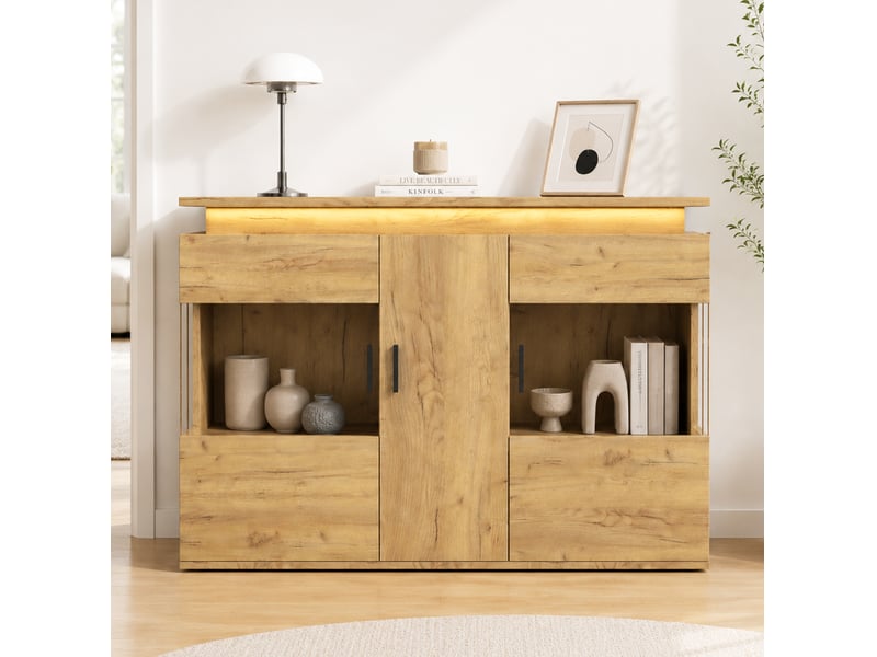  Buffet de rangement avec 3 portes, led et station de charge usb-c pour salon et salle à manger en bois chêne clair  - Conforama B