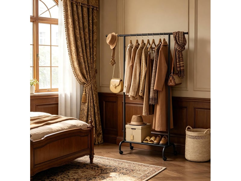  Portant simple à roulettes noir avec étagère et barre extensible  - Conforama B
