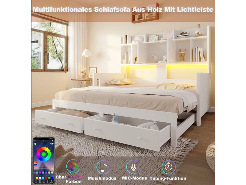 Canapé-lit extensible 90/180x190 cm avec rangements, led et prise, blanc, sans matelas - Conforama E