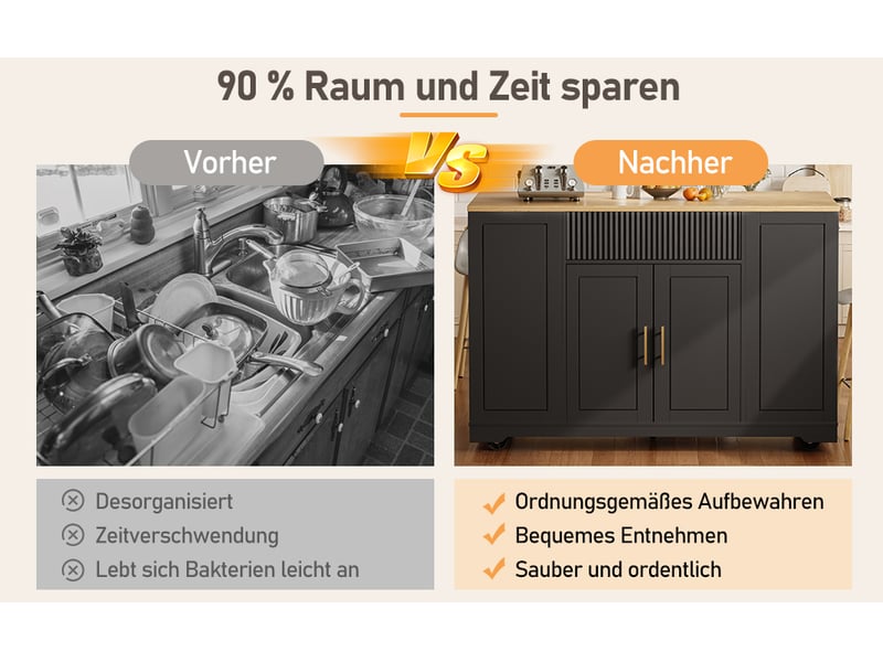  Îlot de cuisine mobile 120 × 50 × 92 cm en mdf et métal, compartiment poubelle, 2 portes, 3 tiroirs et roulettes  - Conforama E