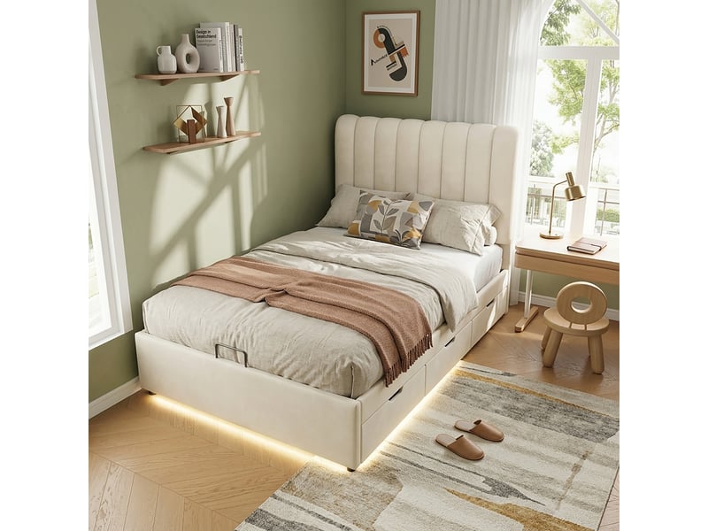  Lit coffre 90x200 cm, lit enfant, rangement hydraulique, 3 tiroirs, led, velours beige  - Conforama E