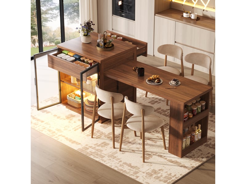  Îlot de cuisine 122x70x94 cm - éclairage led - usb et usb-c - grand rangement - étagères réglables - portes vitrées - avec tiroirs - marron CozyNest - Conforama C