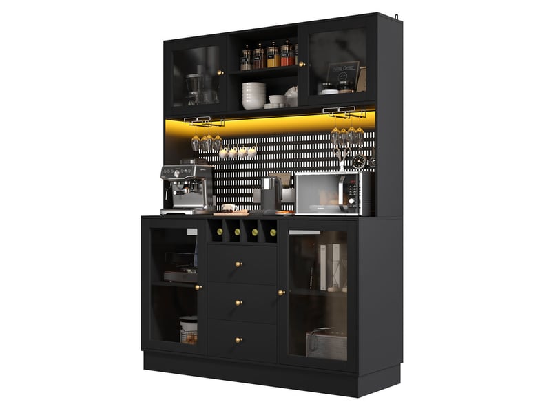Buffet de cuisine, armoire haute noire, 4 portes & 3 tiroirs, avce éclairage led, porte-bouteilles vin  - Conforama A