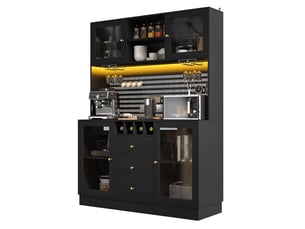 Buffet de cuisine, armoire haute noire, 4 portes & 3 tiroirs, avce éclairage led, porte-bouteilles vin