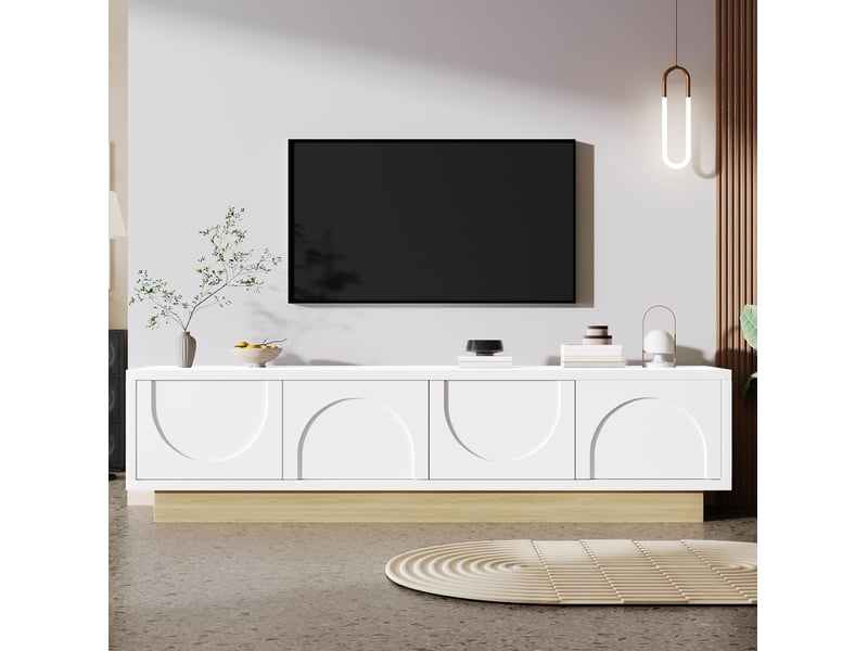  Meuble tv ulevr avec rangement et passe-câbles, 175 x 40 x 41,5 cm, mdf blanc et décor bois  - Conforama B