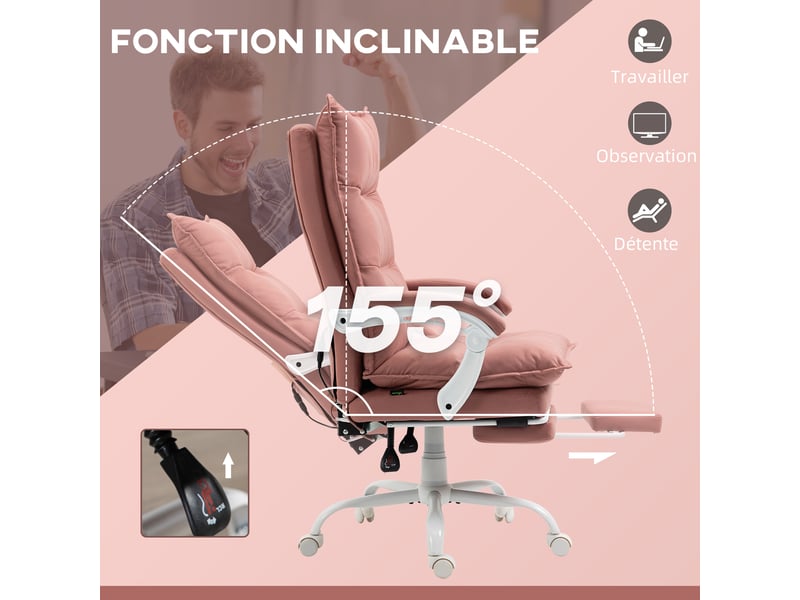 Fauteuil de bureau massant à 6 points, chauffant, inclinable à 155°, rose - Conforama W