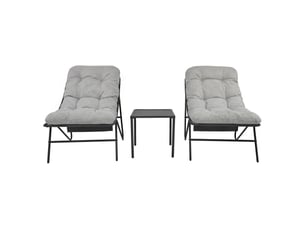 Ensemble bistro de jardin gris 3 pièces, 2 fauteuils avec coussins épais, table basse, cadre en acier thermolaqué, mobilier extérieur terrasse balcon,