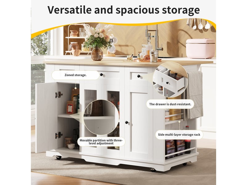 Îlot de cuisine avec plateau rabattable et rangements - lpospi - bois effet naturel, blanc, verre trempé - Conforama E