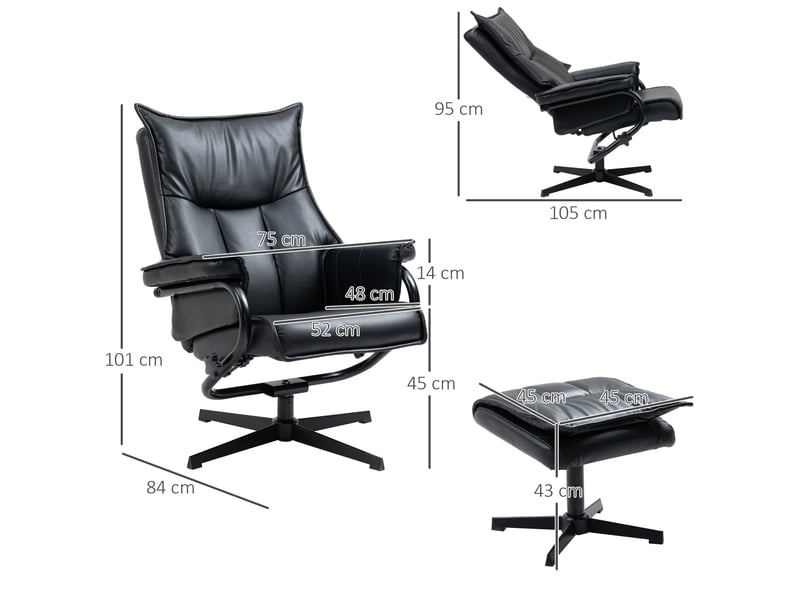  Fauteuil inclinable avec repose-pieds, pivotant, dossier inclinable, structure en acier, noir  - Conforama E