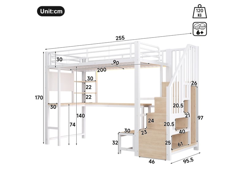 Lit mezzanine 90x200 cm blanc avec bureau, rangements, led et ports usb, pour optimiser la chambre, sans matelas - Conforama C