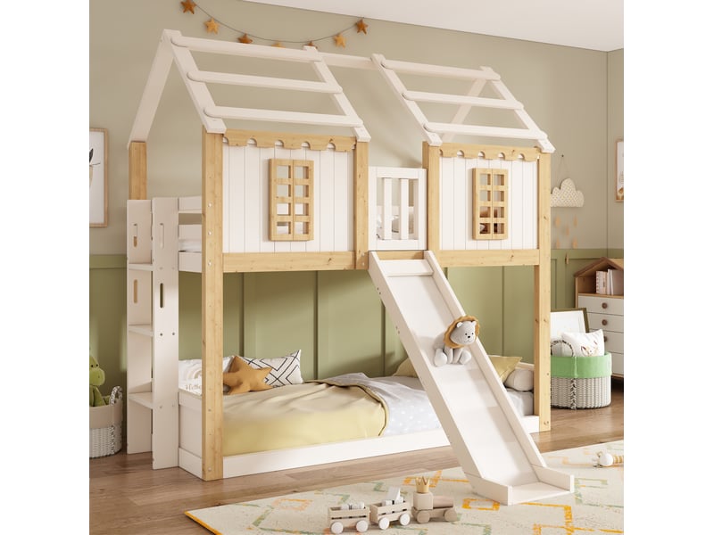 Lit superposé 90 × 200 cm 2 places avec toboggan, échelle modulable et barrières 360°, sans matelas, bois blanc et naturel - Conforama B