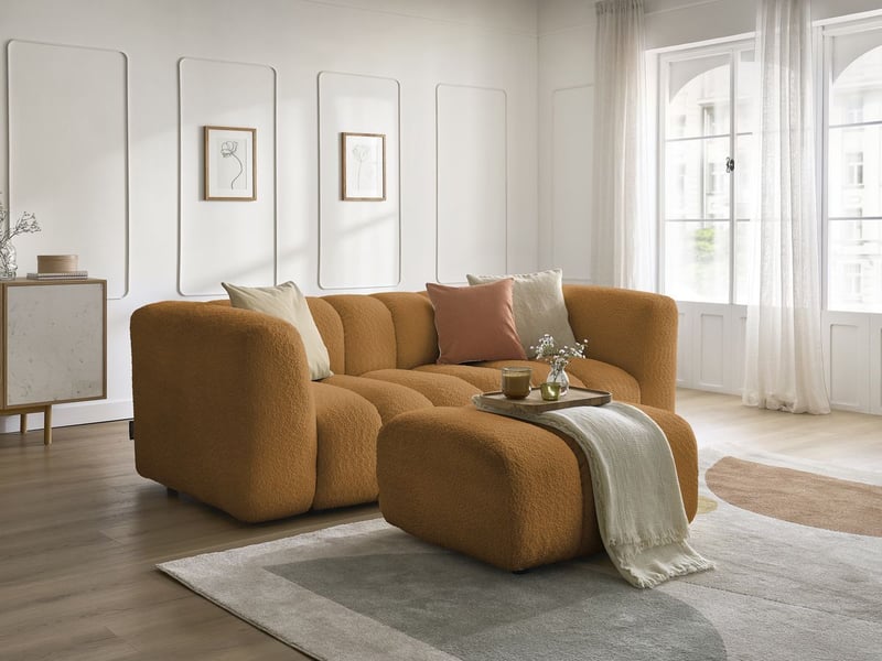  Bobochic canapé droit fixe 3 places talia tissu bouclette avec pouf jaune TALIA - Conforama B